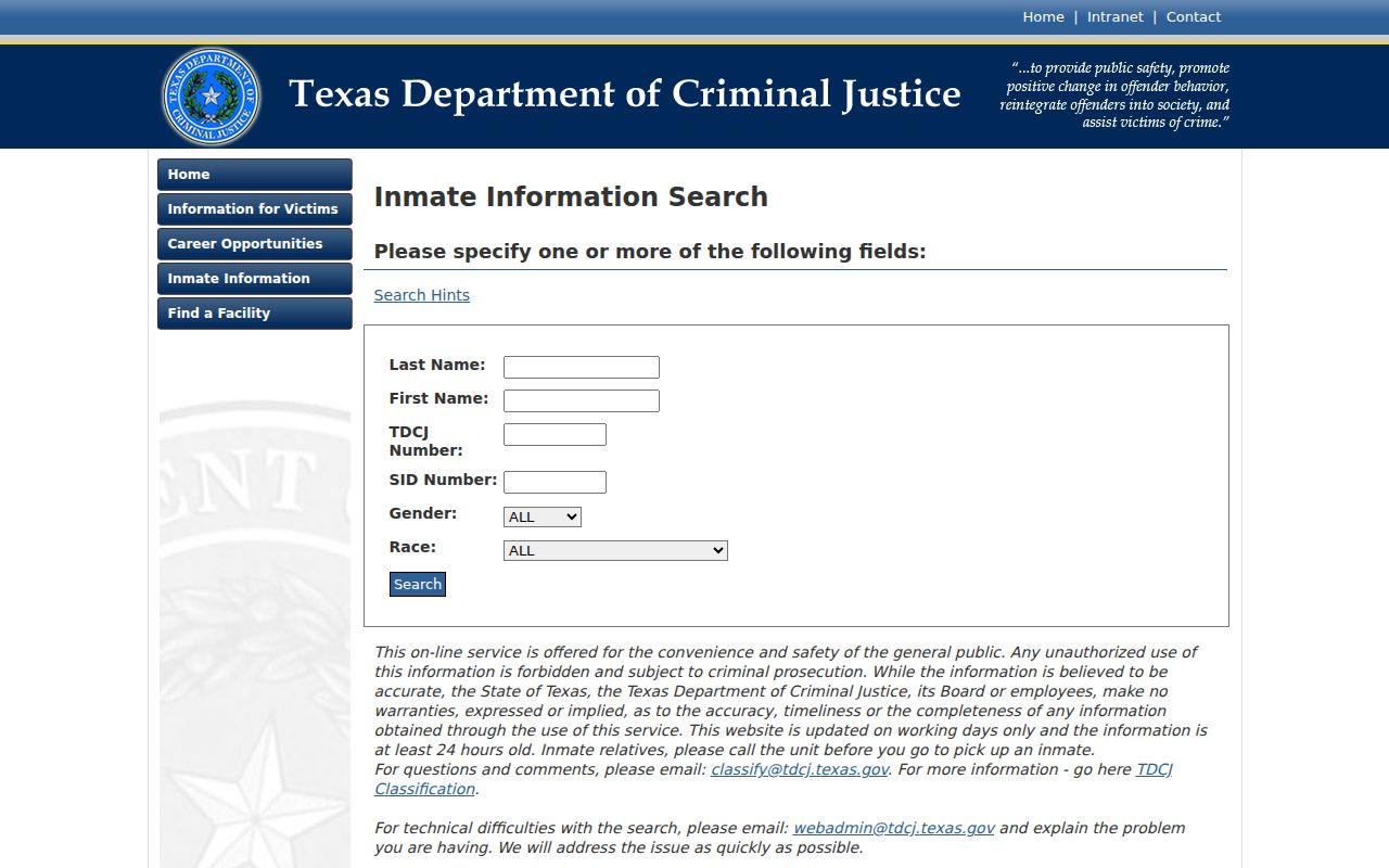 Texas Department of Criminal Justice state inmate search