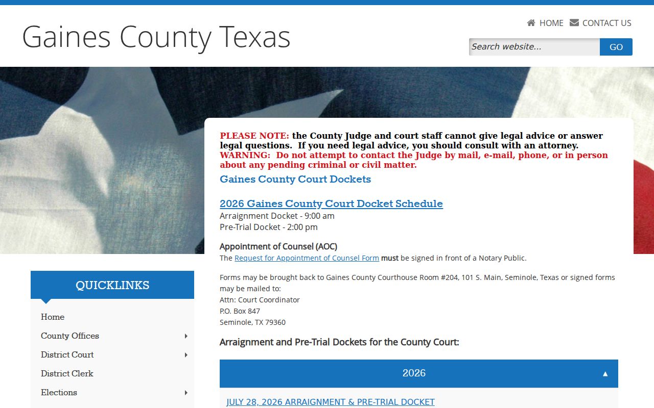 Gaines County criminal arraignment and pretrial docket page