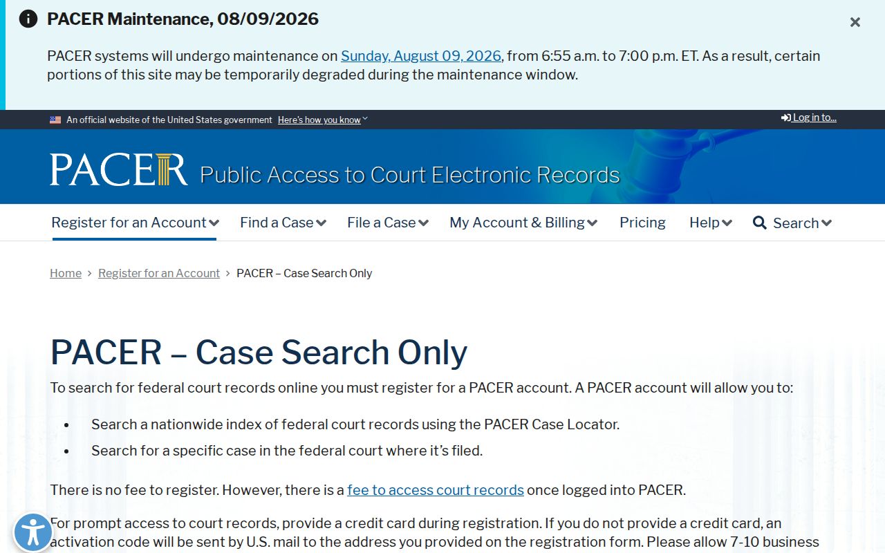 PACER federal criminal case search account page