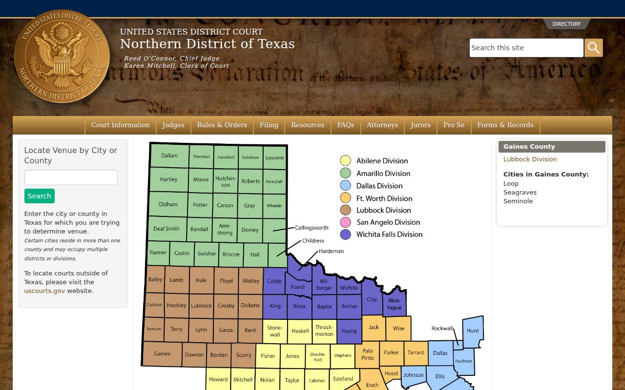 Northern District of Texas Gaines County federal venue page