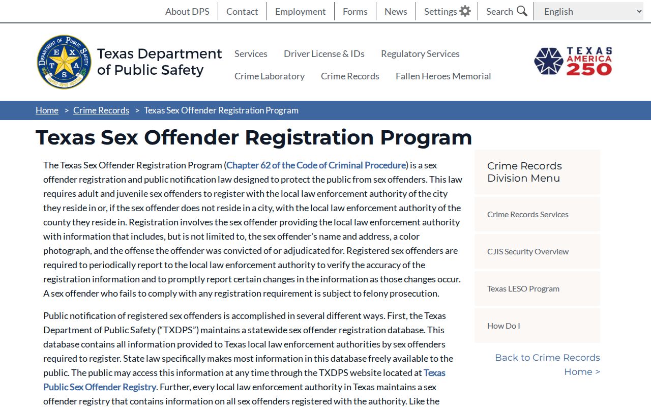 Texas DPS sex offender registration program for Gaines County registry checks