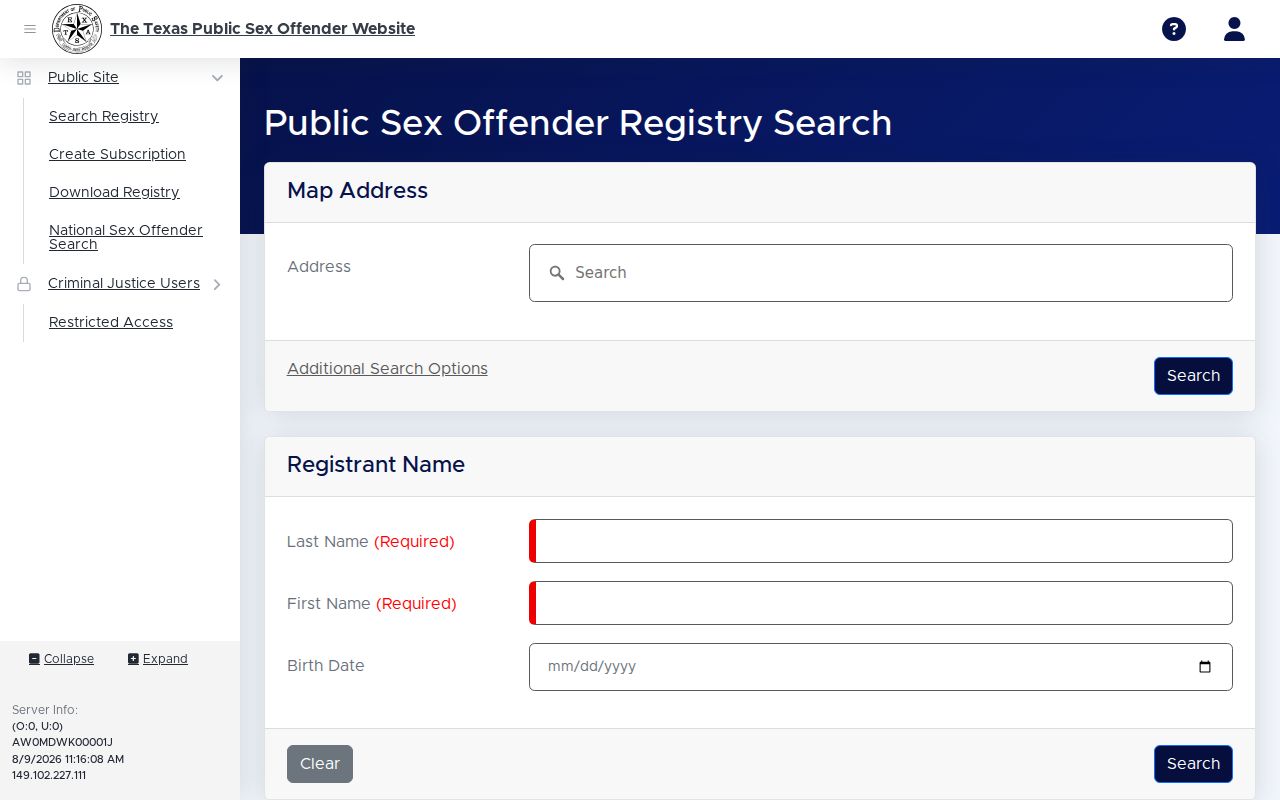 Texas DPS search screen for a Gaines County sex offender check